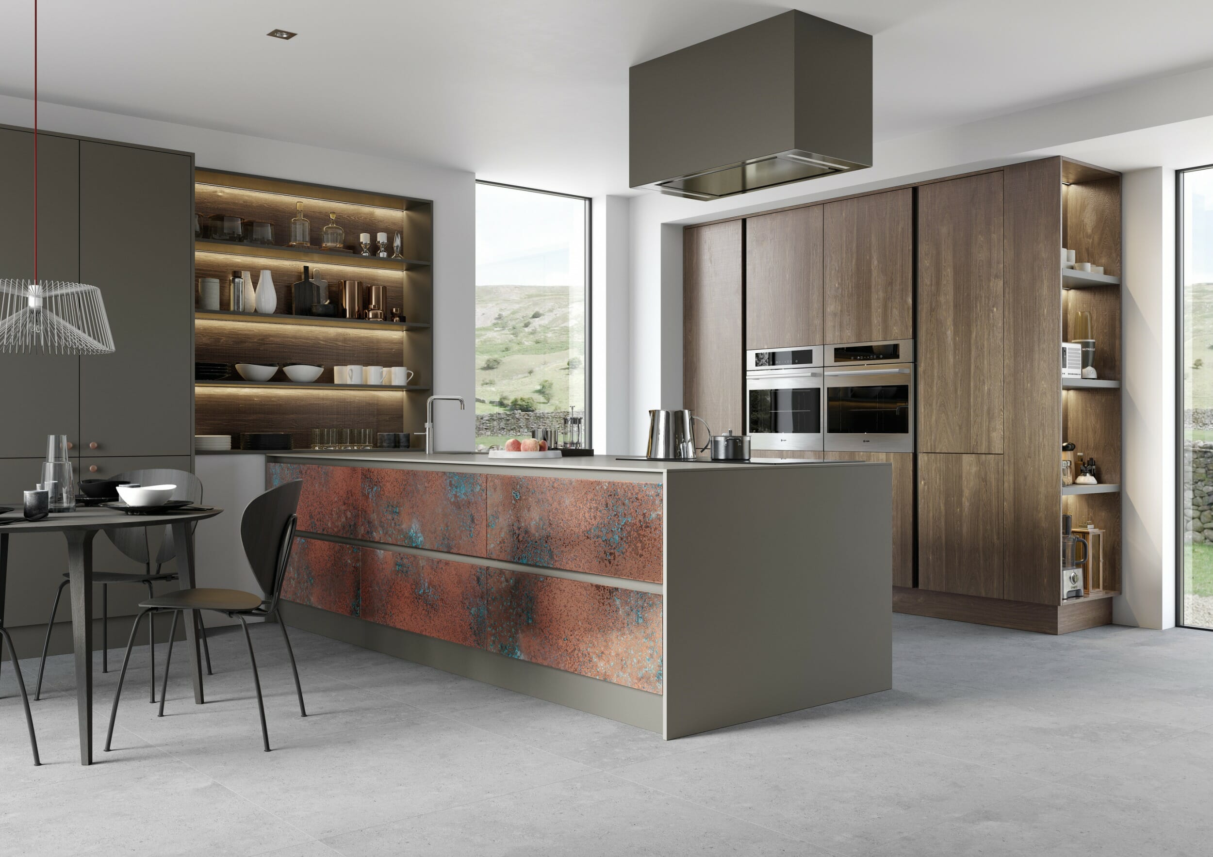 Contemporary Kitchens Ferro Oxidized Copper and Rezana Espresso Oak