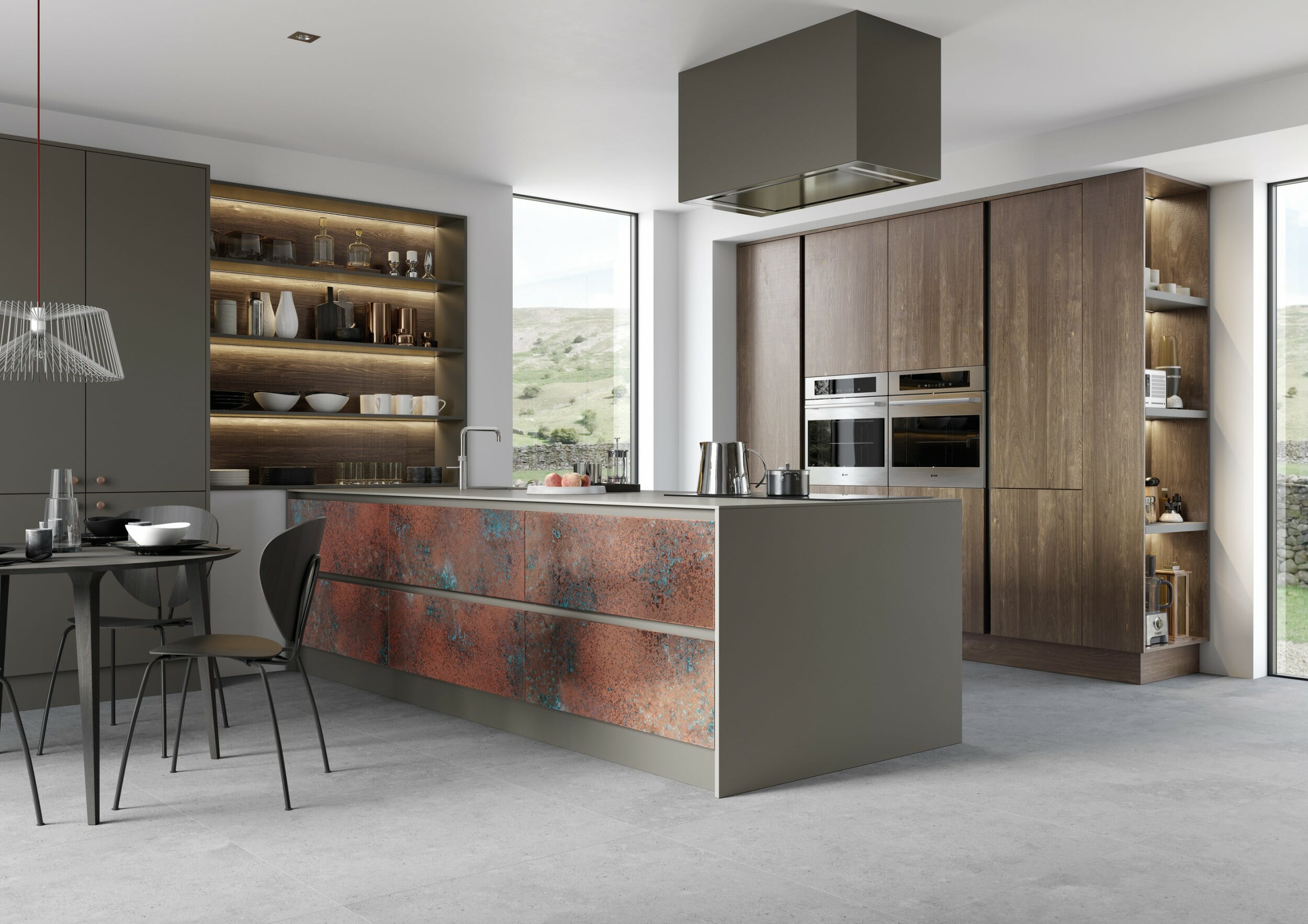 A luxurious kitchen featuring oxidized copper and espresso oak cabinets, with a spacious island and sophisticated modern design.