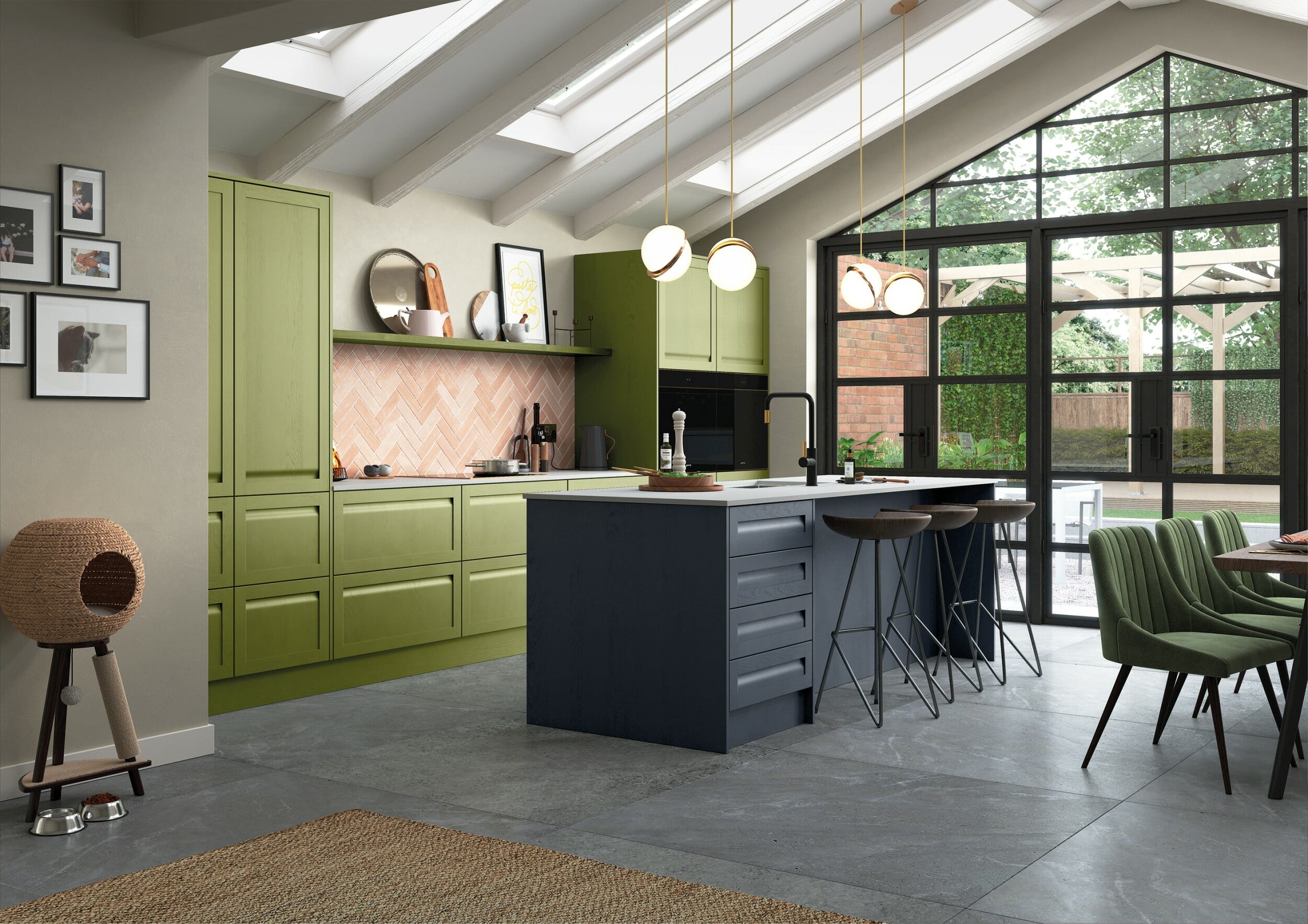 A vibrant kitchen with slate blue and citrus green cabinets, stone countertop, and modern appliances, creating a lively atmosphere.