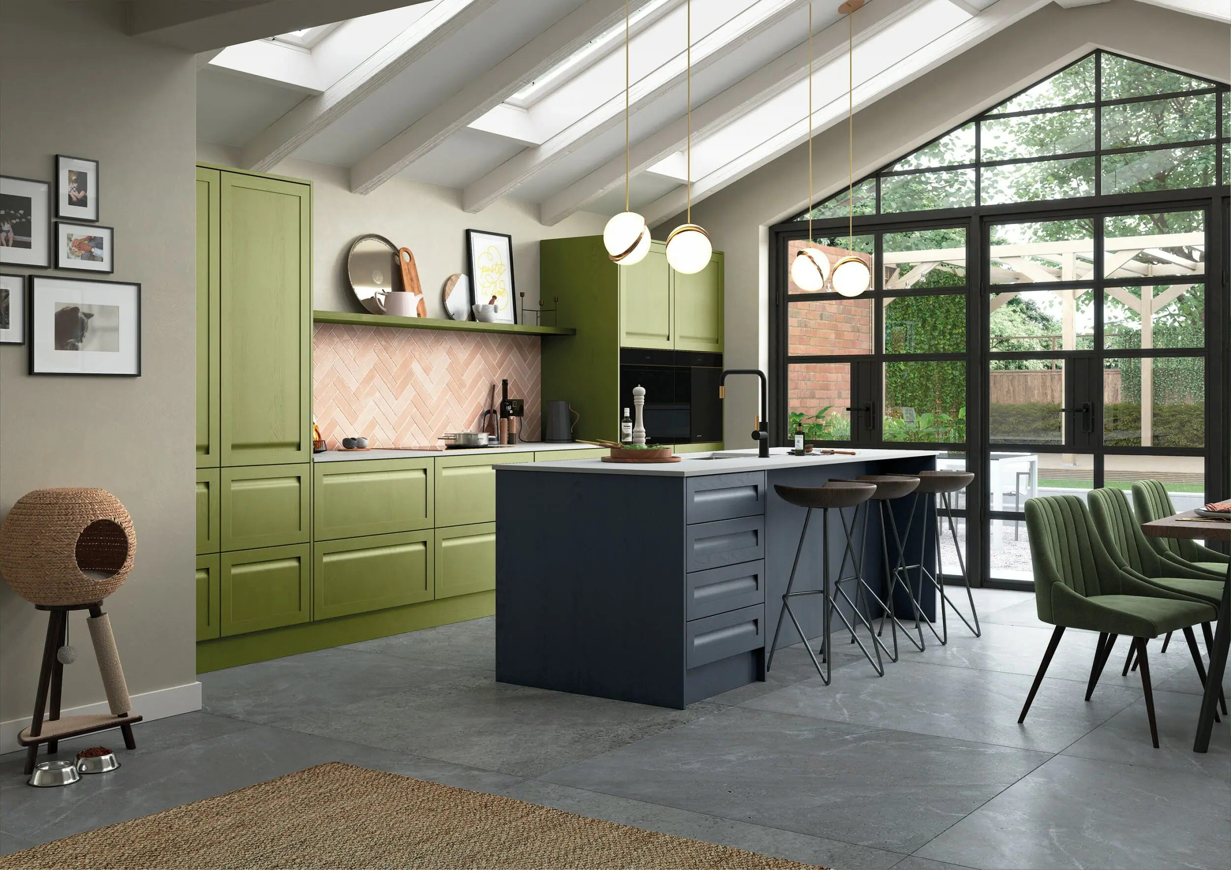 A vibrant kitchen with slate blue and citrus green cabinets, stone countertop, and modern appliances, creating a lively atmosphere.