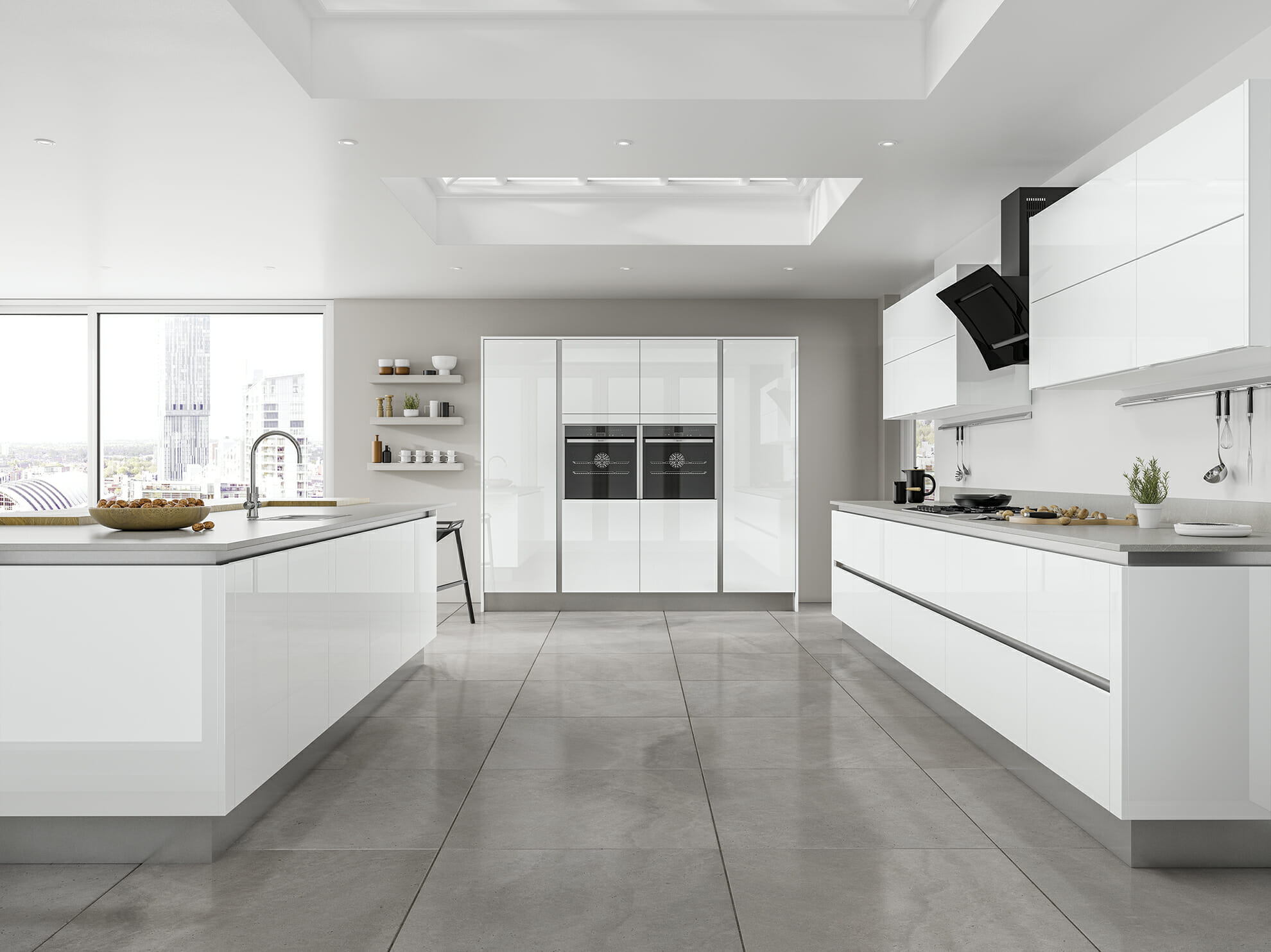 A sleek, modern kitchen with glossy white cabinets, a spacious island, and minimalist design, creating a bright, airy space.