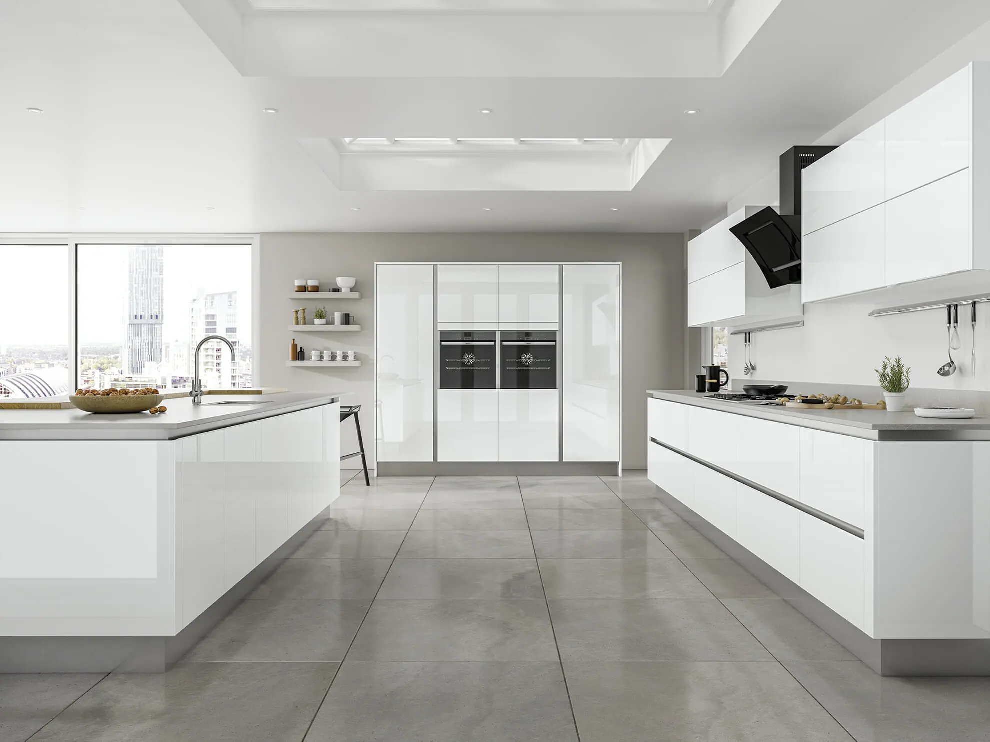 A sleek, modern kitchen with glossy white cabinets, a spacious island, and minimalist design, creating a bright, airy space.