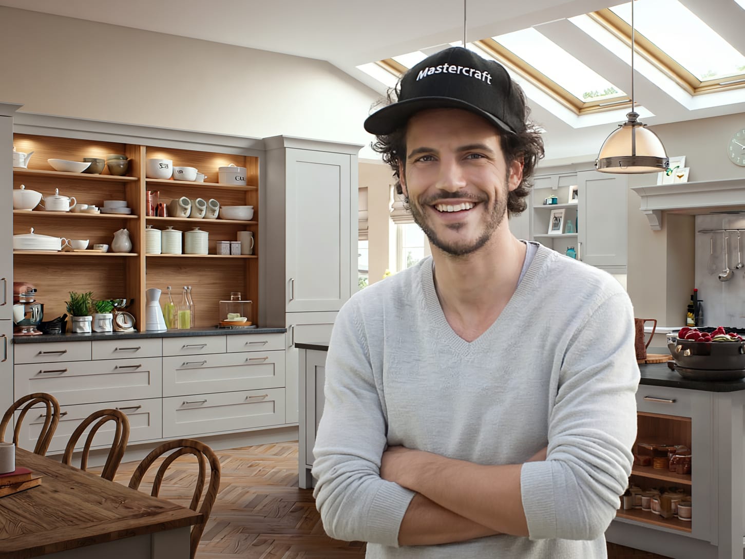 mastercraft-designer2 A Mastercraft bespoke kitchen designer wearing a Mastercraft branded cap smiling in a Mastercraft bespoke kitchen