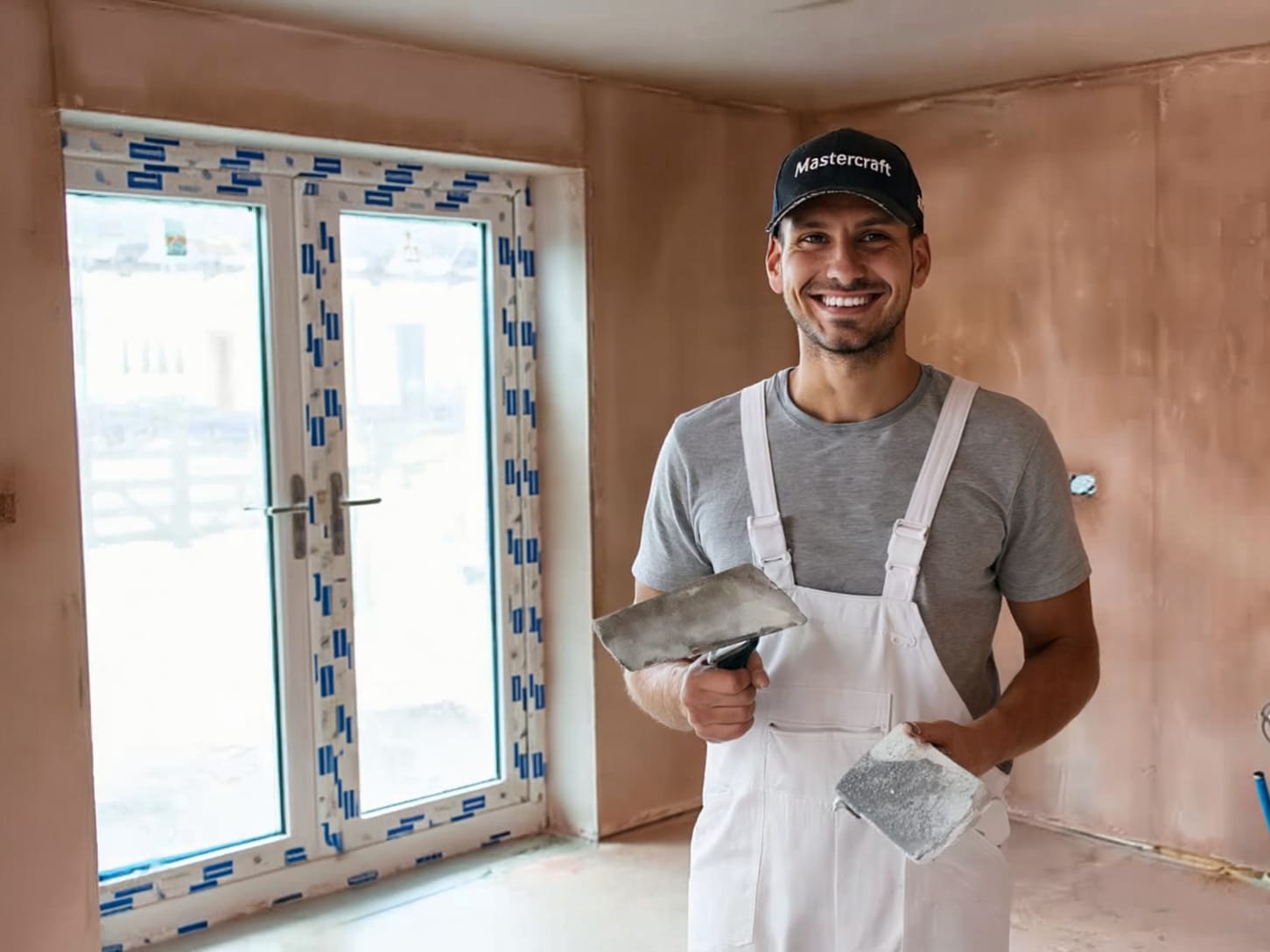 plasterer A Mastercraft plasterer posing in the newly plastered kitchen