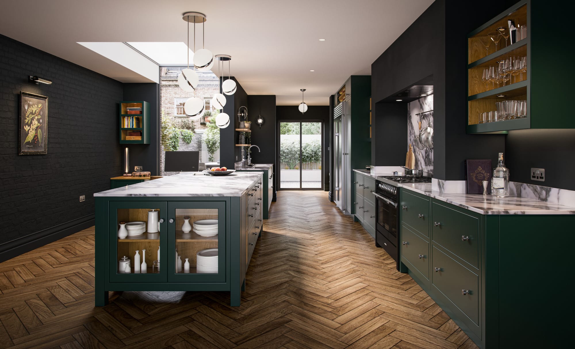 Deep forest green kitchen in Anglesey featuring a central island, handleless cabinetry, pendant lighting and open-plan layout by Mastercraft Kitchens.
