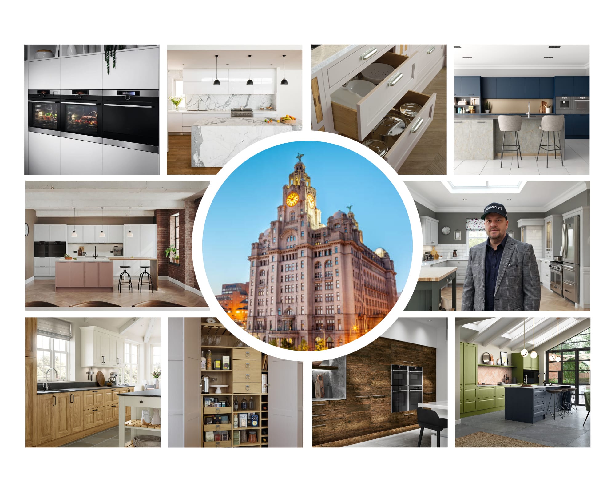 kitchen collage liverpool Mastercraft bespoke kitchens fitted in and around Liverpool with the iconic Liverpool Liverbird's building showing Liverpool as head office.
