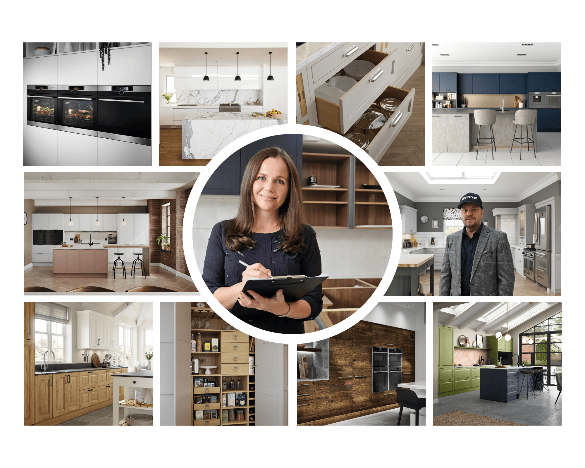 kitchen -collage-wirral-kitchen-installations Collage of bespoke kitchens installed across the Wirral by Mastercraft Kitchens, featuring modern, traditional, and shaker designs, with designers and fitters shown on-site