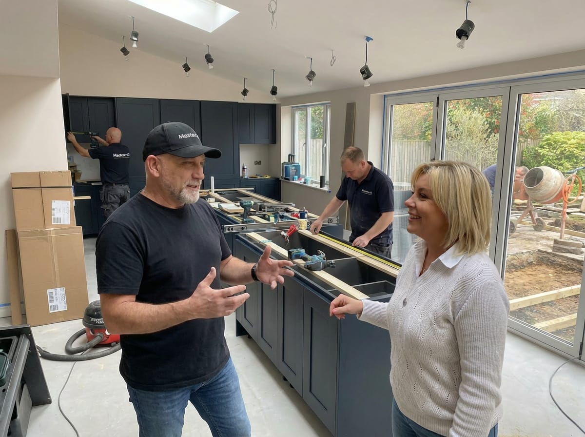 steven-talking-to-customer-4 A Mastercraft kitchen under construction with Steven talking to the customer