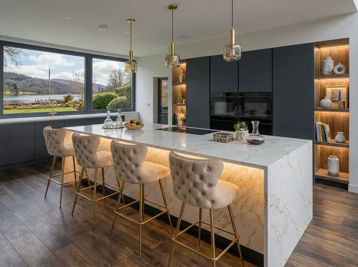 Bespoke Mastercraft kitchen with handleless cabinetry, marble-effect quartz stone island and bar seating, overlooking Lake Windermere